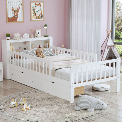 Twin Size Bed With Headboard Storage Rack, 2 Under Bed Drawers, 3 - Side Guardrails For Safety And Security - White