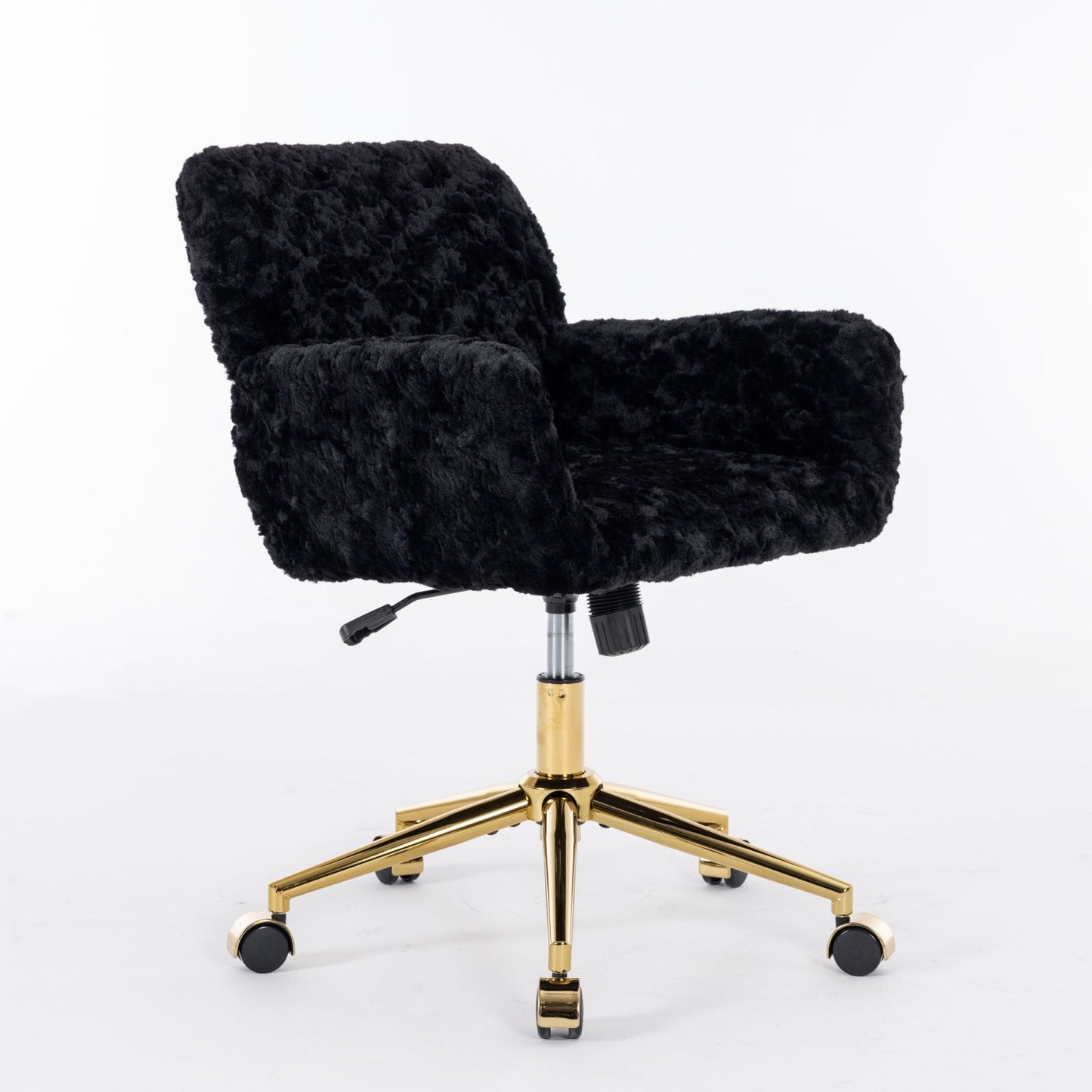 Office Chair, Artificial Rabbit Hair Home Office Chair With Golden Metal Base, Adjustable Desk Chair Swivel Office Chair, Vanity Chair - Black