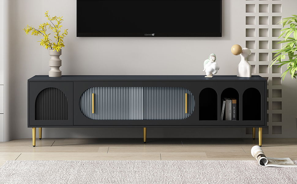 Modern TV Stand For Up To 70" TV, Entertainment Center TV Media Console Table, With 3 Shelves And 2 Cabinets, TV Console Cabinet Furniture For Living Room - Black