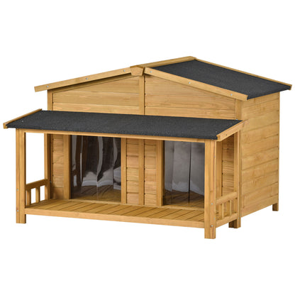 Large Wooden Dog House Outdoor / Indoor Dog Crate, Cabin Style, With Porch, 2 Doors - Natural