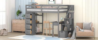 Twin Size Loft Bed With Storage Drawers, Desk And Stairs With Shelves - Gray