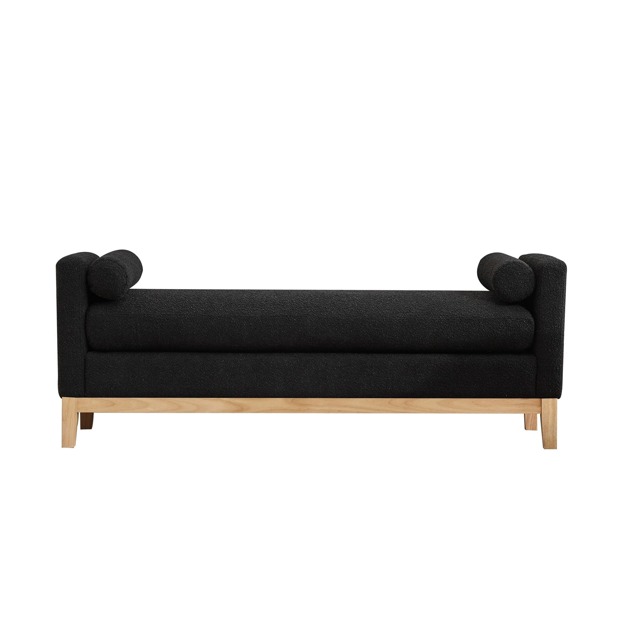Elegant Upholstered Bench Daybed Ottoman With Nature Wood Legs & Bolster Pillows - Black Boucle