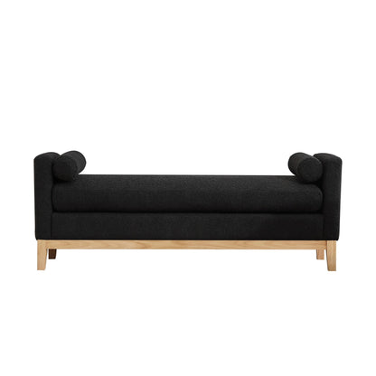 Elegant Upholstered Bench Daybed Ottoman With Nature Wood Legs & Bolster Pillows - Black Boucle