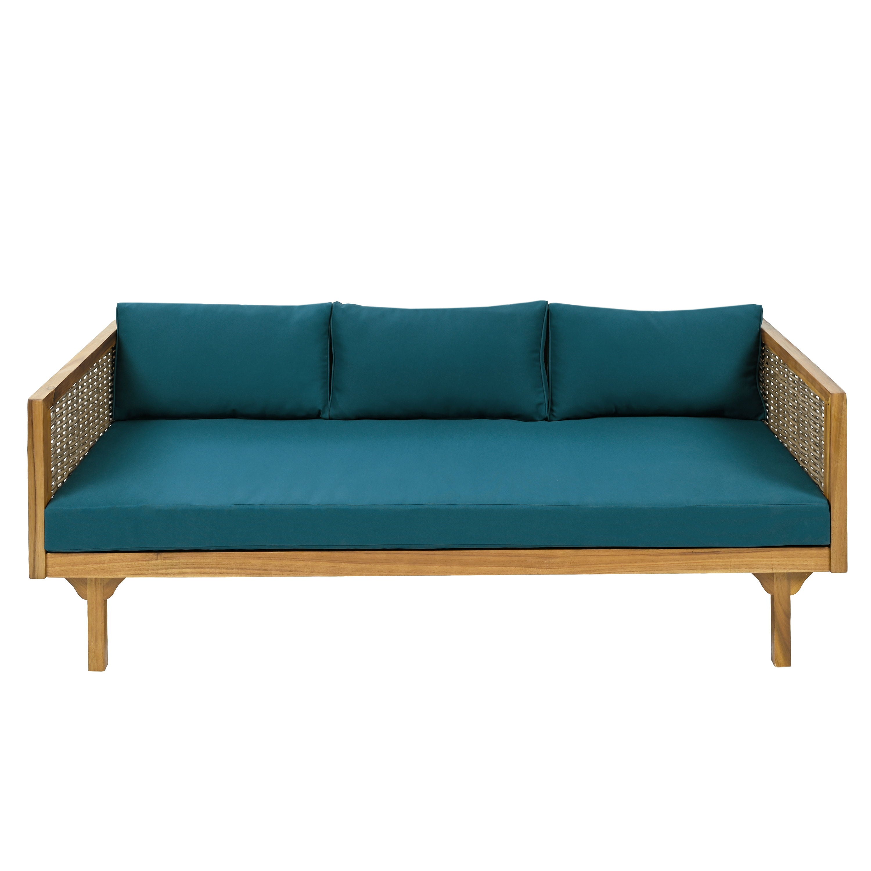 Claremont - 3 Seater Daybed With Rattan Arms And Cushions, Acacia Wood Frame - Teak / Teal