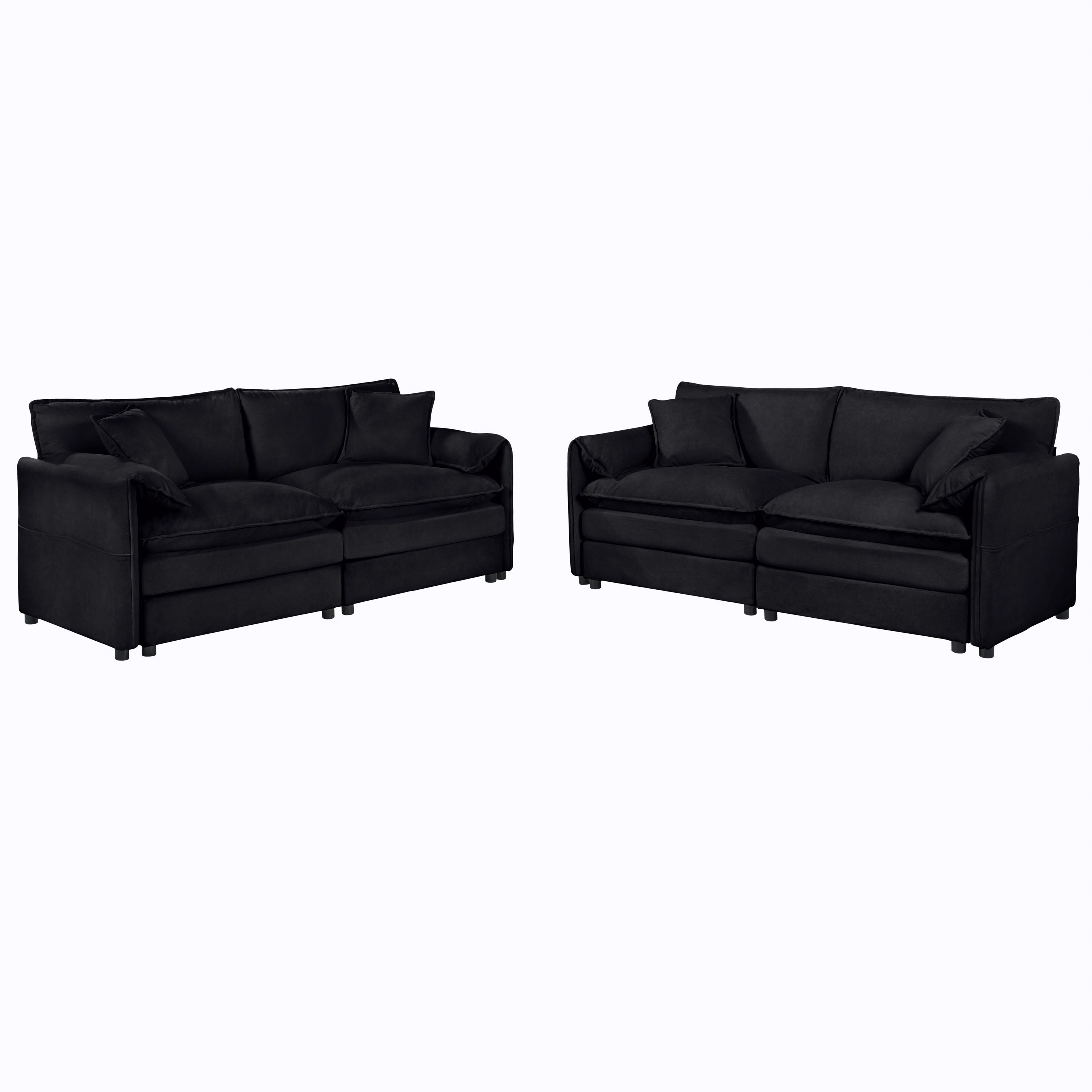 Oversized Deep Seat Luxury 2 Piece Sofa Set, Modern Chenille Comfy Cloud Couches For Living Room Office - Black