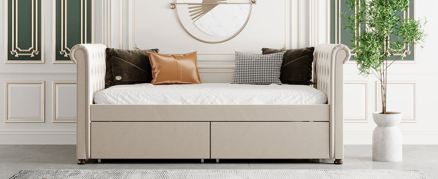 Twin Size Upholstered Daybed With Drawers, Slat Support - Beige