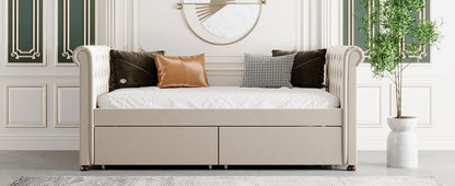 Twin Size Upholstered Daybed With Drawers, Slat Support - Beige