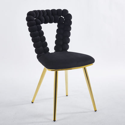 Modern Chair With Golden Iron Tube Legs - Black Soft Cushions And Comfortable Backrest, Suitable For Dining Room, Living Room, Cafe, Hairball Back (Set of 2) - Black
