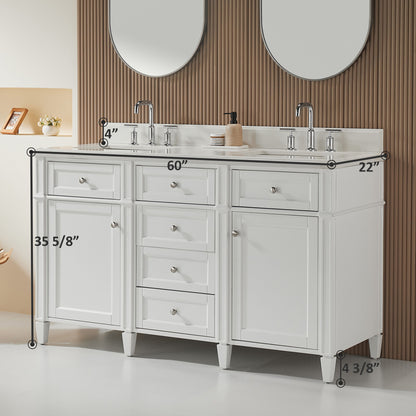 Fully Assembled 60'' Freestanding Double Sinks Bathroom Vanity With Quartz Top - White