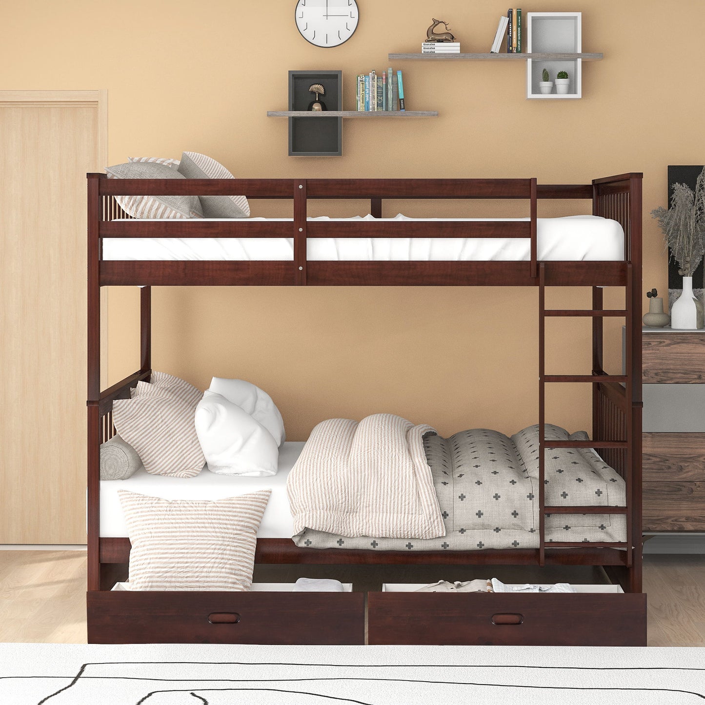 Full Over Full Bunk Bed With Ladders And 2 Storage Drawers - Espresso