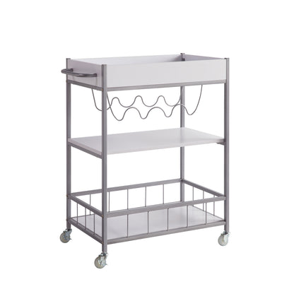 Rolling Kitchen Cart With Three Tier Storage And Four Wine Bottle Rack - White / Silver Metal
