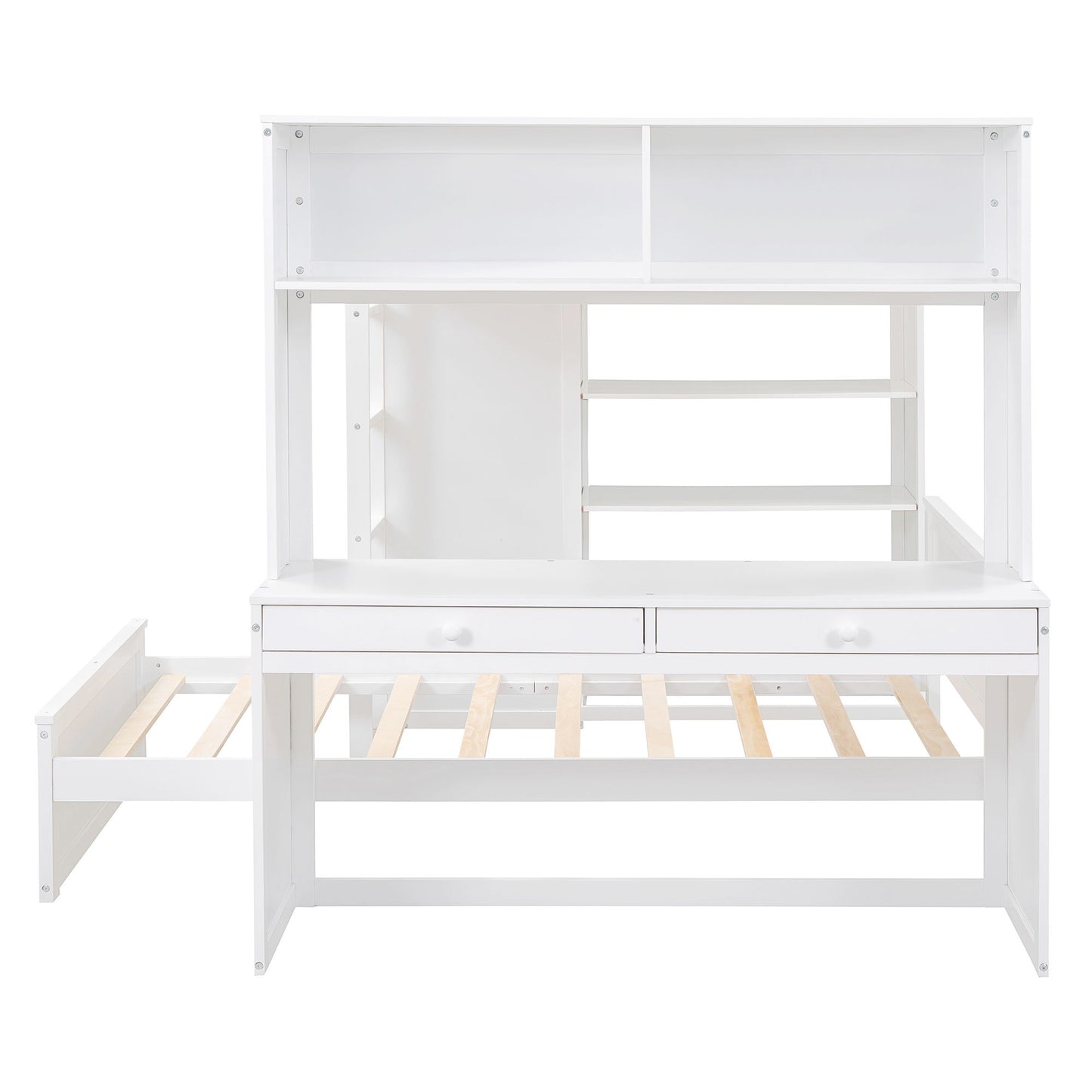 Full Size Loft Bed With A Twin Size Stand Alone Bed, Shelves, Desk, And Wardrobe - White