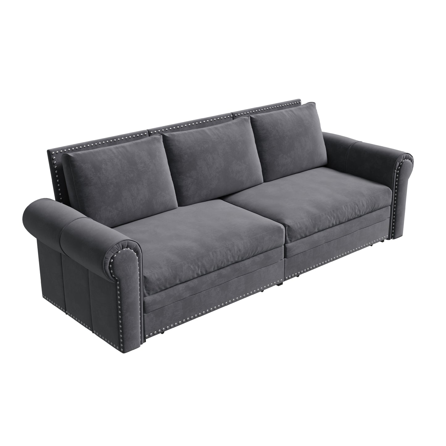 King Pull Out Sofa Bed, Chesterfield Sofa, 3 In 1 Velvet Convertible Sleeper Sofa With Nailhead Trim & Rolled Arm Multifunctional Sofa Bed For Living Room - Gray