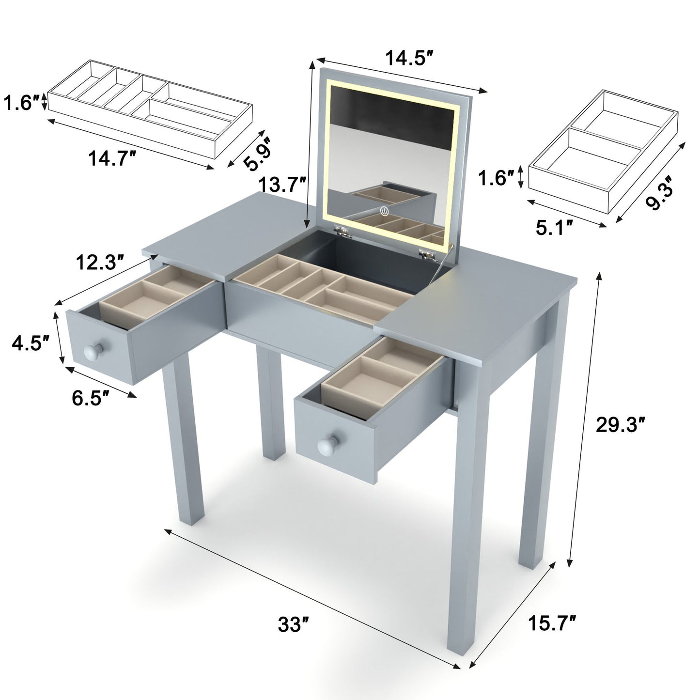 Vanity Table With LED Lights, Flip-Top Mirror And 2 Drawers, Jewelry Storage - Sleek Gray