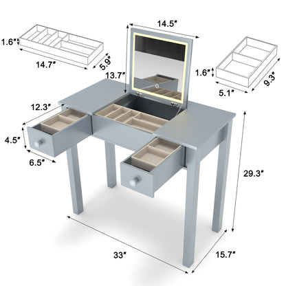 Vanity Table With LED Lights, Flip-Top Mirror And 2 Drawers, Jewelry Storage - Sleek Gray