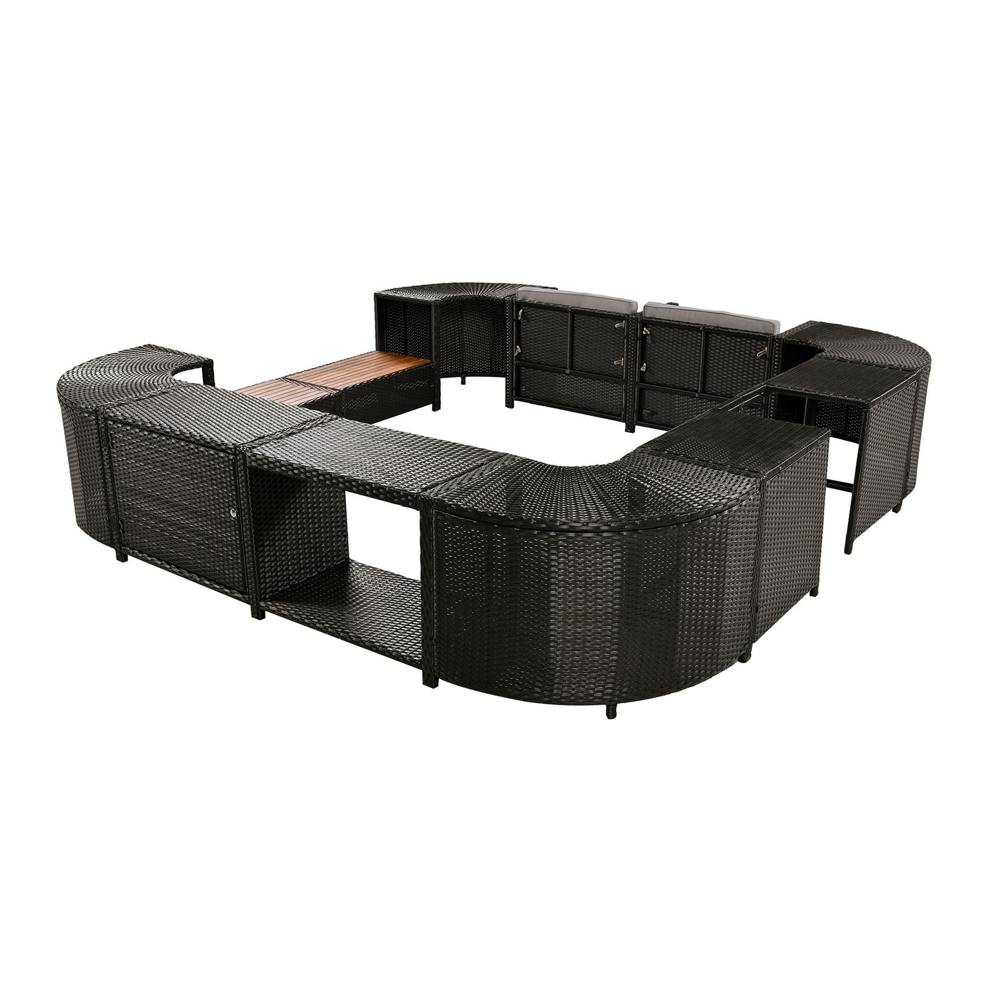 Spa Surround Spa Frame Quadrilateral Outdoor Rattan Sectional Sofa Set With Mini Sofa, Wooden Seats And Storage Spaces - Gray