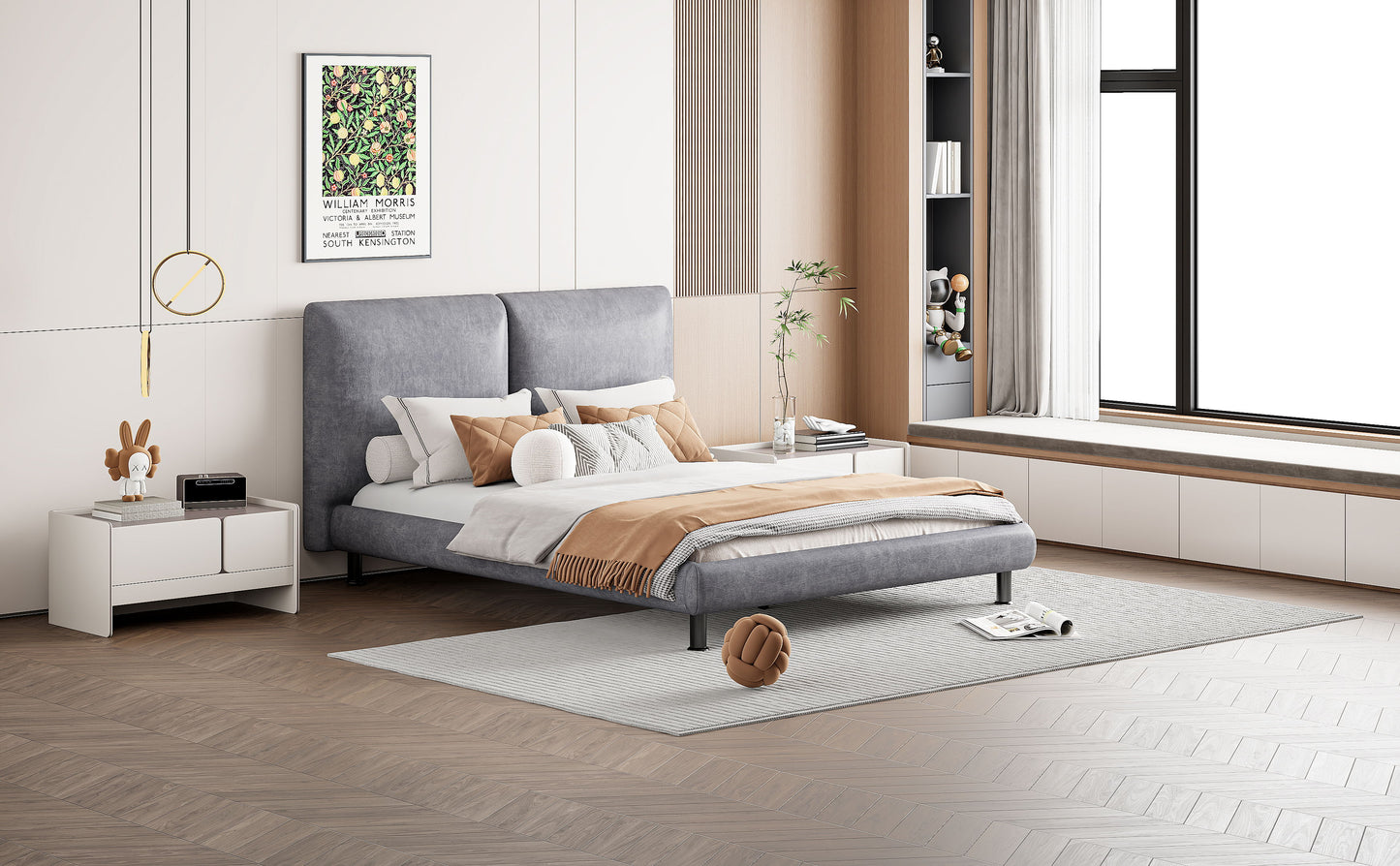 Queen Size Upholstered Platform Bed With 2 Large Headrests And Thick - Gray