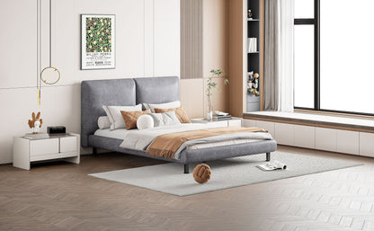 Queen Size Upholstered Platform Bed With 2 Large Headrests And Thick - Gray