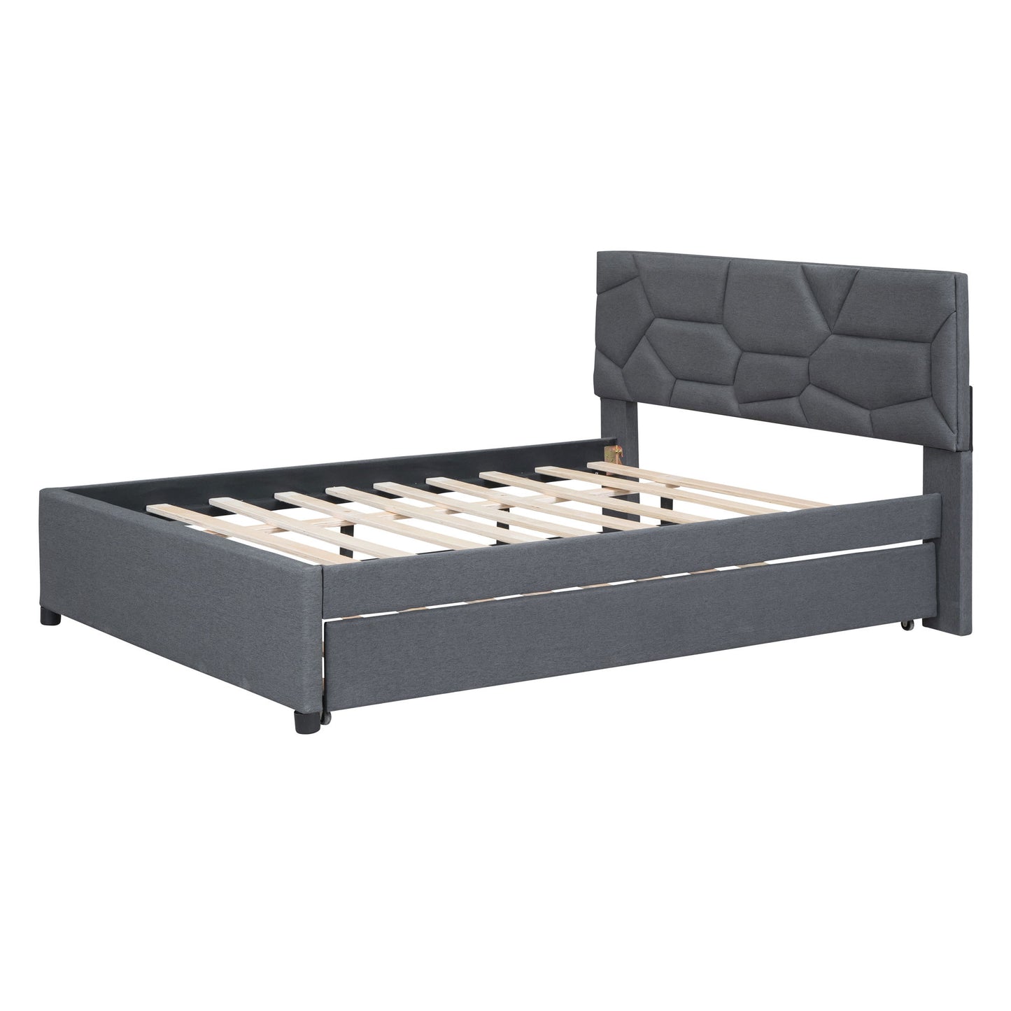 Full Size Upholstered Platform Bed With Brick Pattern Headboard And Twin Size Trundle - Gray