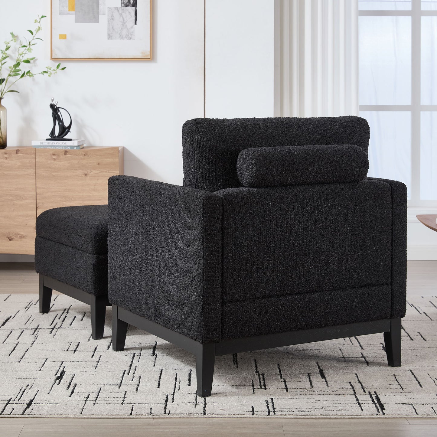 Farmhouse Upholstered Accent Chair With Ottoman Wood Base, Reversible Lid Coffee Table For Living Room Or Office - Black