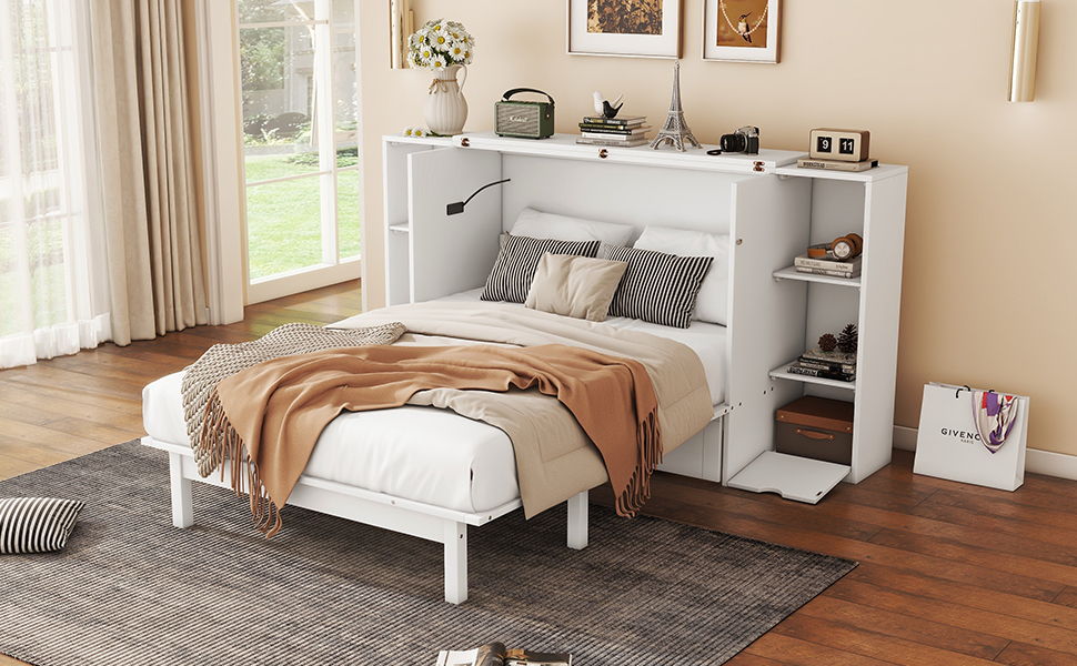 Full Size Murphy Bed With Shelves, Drawers And USB Ports - White