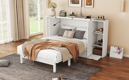 Full Size Murphy Bed With Shelves, Drawers And USB Ports - White