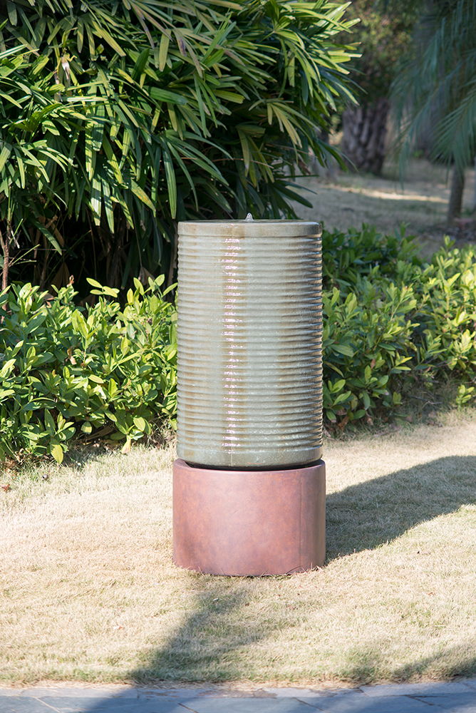 Tall Large Modern Cylinder Ribbed Tower Water Fountain With Rustic Base, Contemporary Antique Green Copper Outdoor Bird Feeder / Bath Cement Fountain - Antique Green
