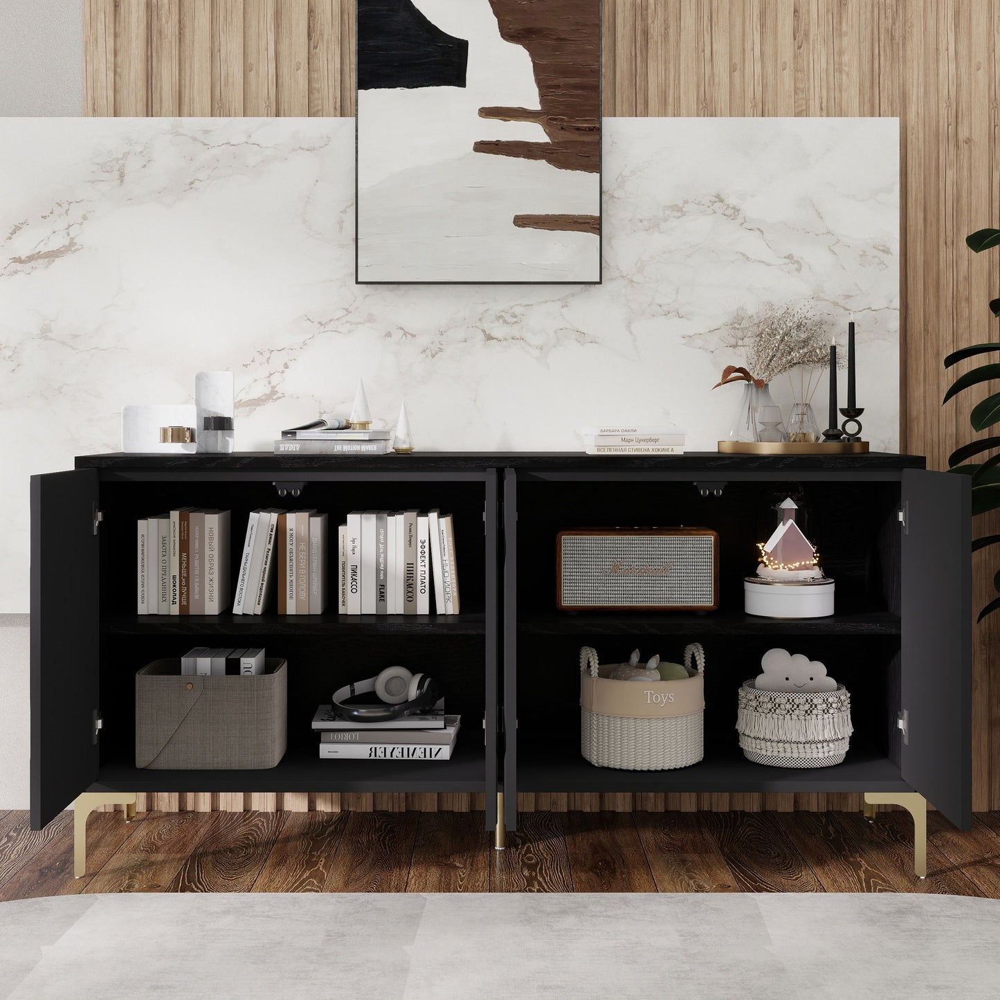 Modern Sideboard Buffet Cabinet With Handleless Press To Open Design, Carved Credenza Storage Cabinet With 4 Doors Construction - Black