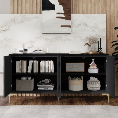 Modern Sideboard Buffet Cabinet With Handleless Press To Open Design, Carved Credenza Storage Cabinet With 4 Doors Construction - Black