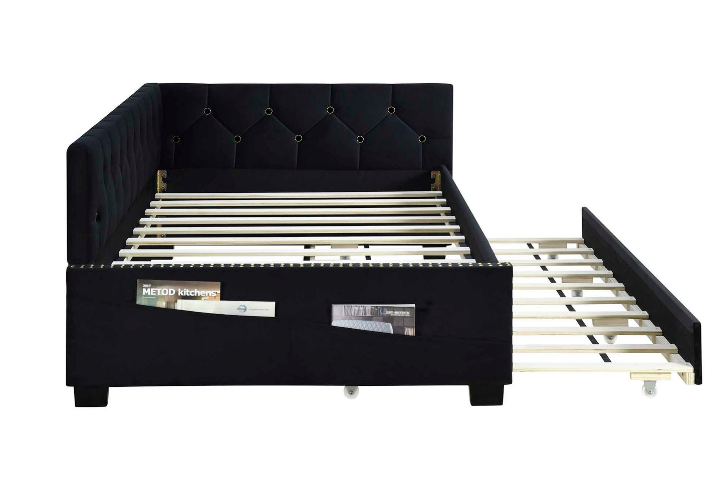 Upholstered Twin Size Daybed Bed Frame (Corner Bed) With Trundle, Velvet Fabric, Studding Design, No Box Spring Required - Black
