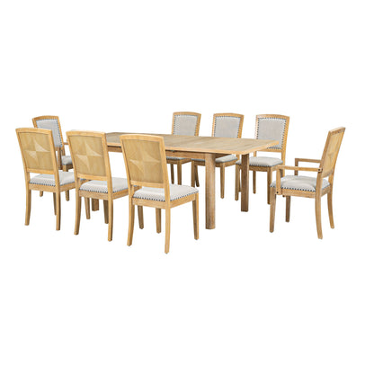 Topmax - Rustic Extendable Dining Table Set With Removable Leaf, 6 Upholstered Armless Dining Chairs And 2 Padded Arm Chairs, 9 Pieces - Natural