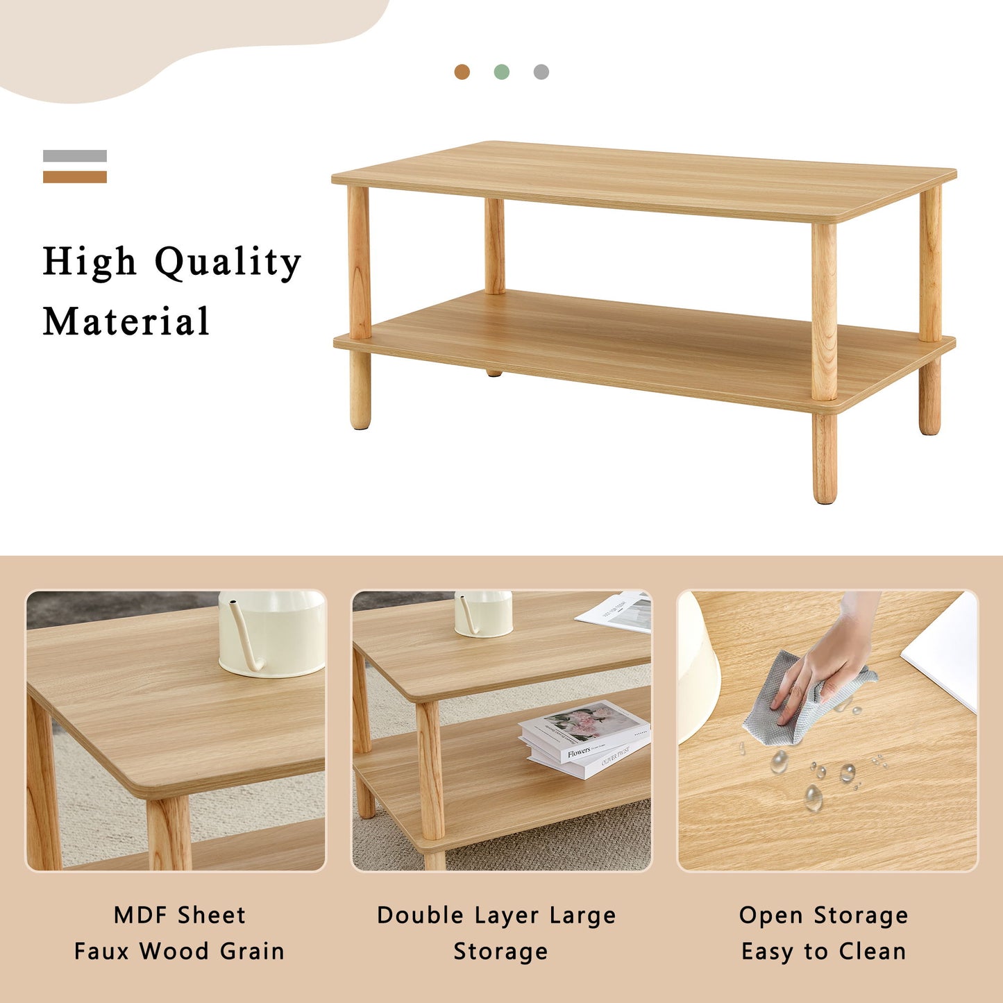 Modern 2 Tier Coffee Table For Living Room Furniture, Rectangular Center Table With Open Storage Shelf, Rounded Rubberwood Legs, Stable And Durable - Burly Wood