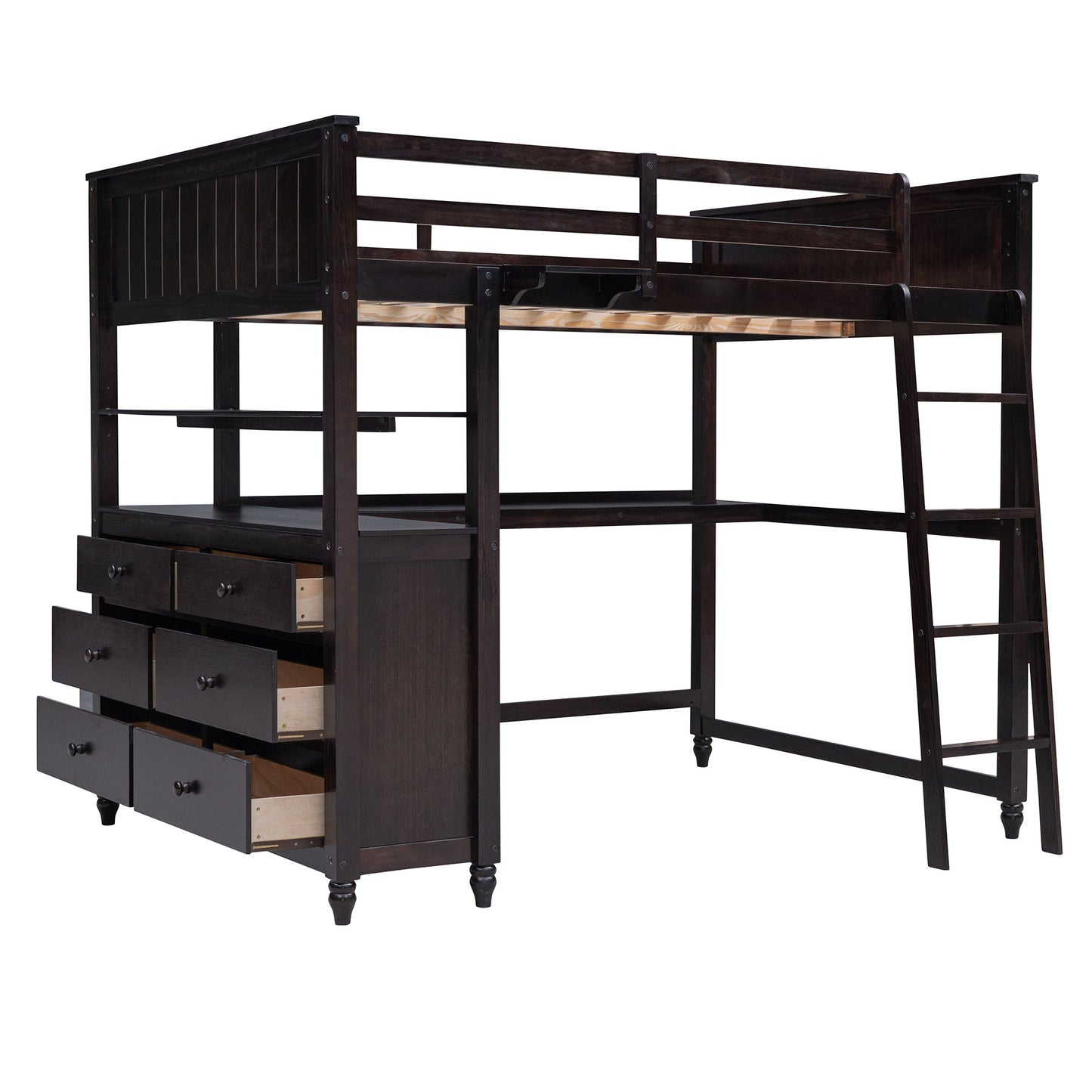 Full Size Loft Bed With Drawers And Desk With Shelves - Espresso