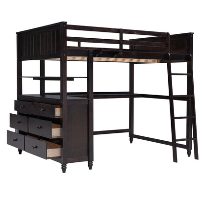 Full Size Loft Bed With Drawers And Desk With Shelves - Espresso
