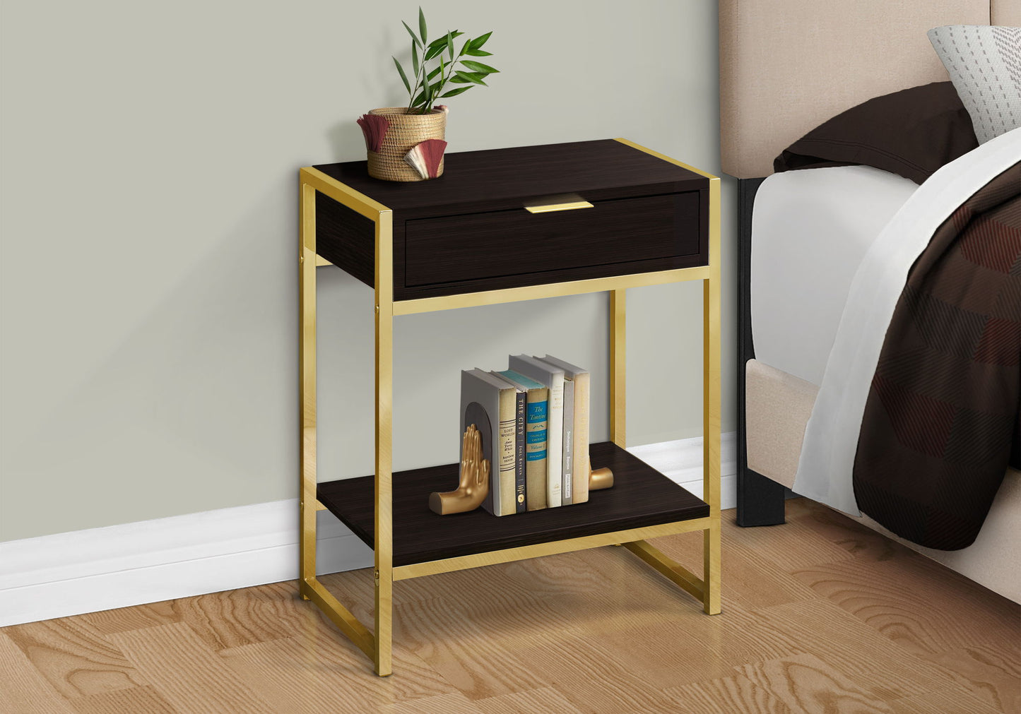 Accent Side Table, Storage Drawer, Contemporary & Modern - Brown / Gold