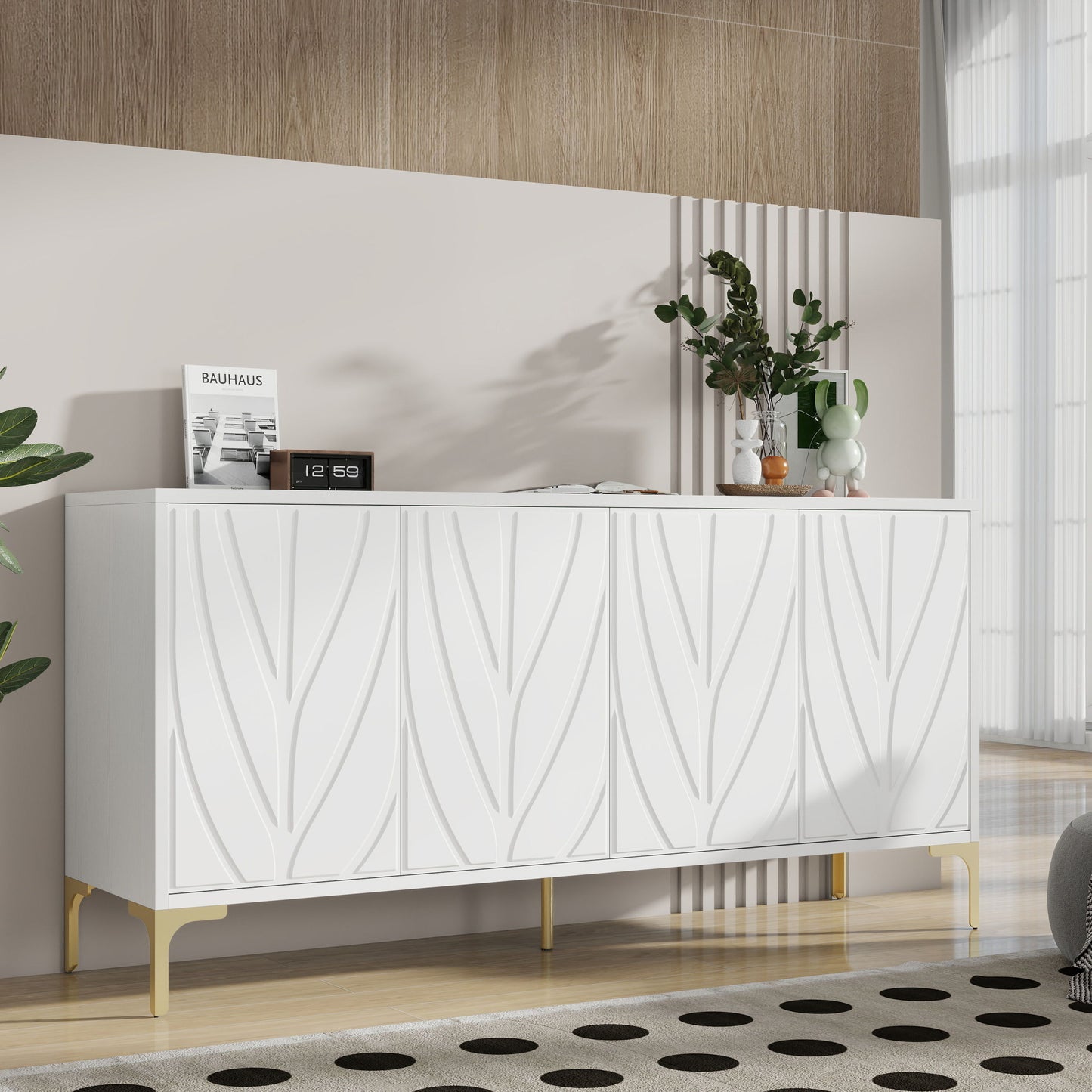 Creative Carved 4 Door Sideboard With Handleless Press To Open Design - White