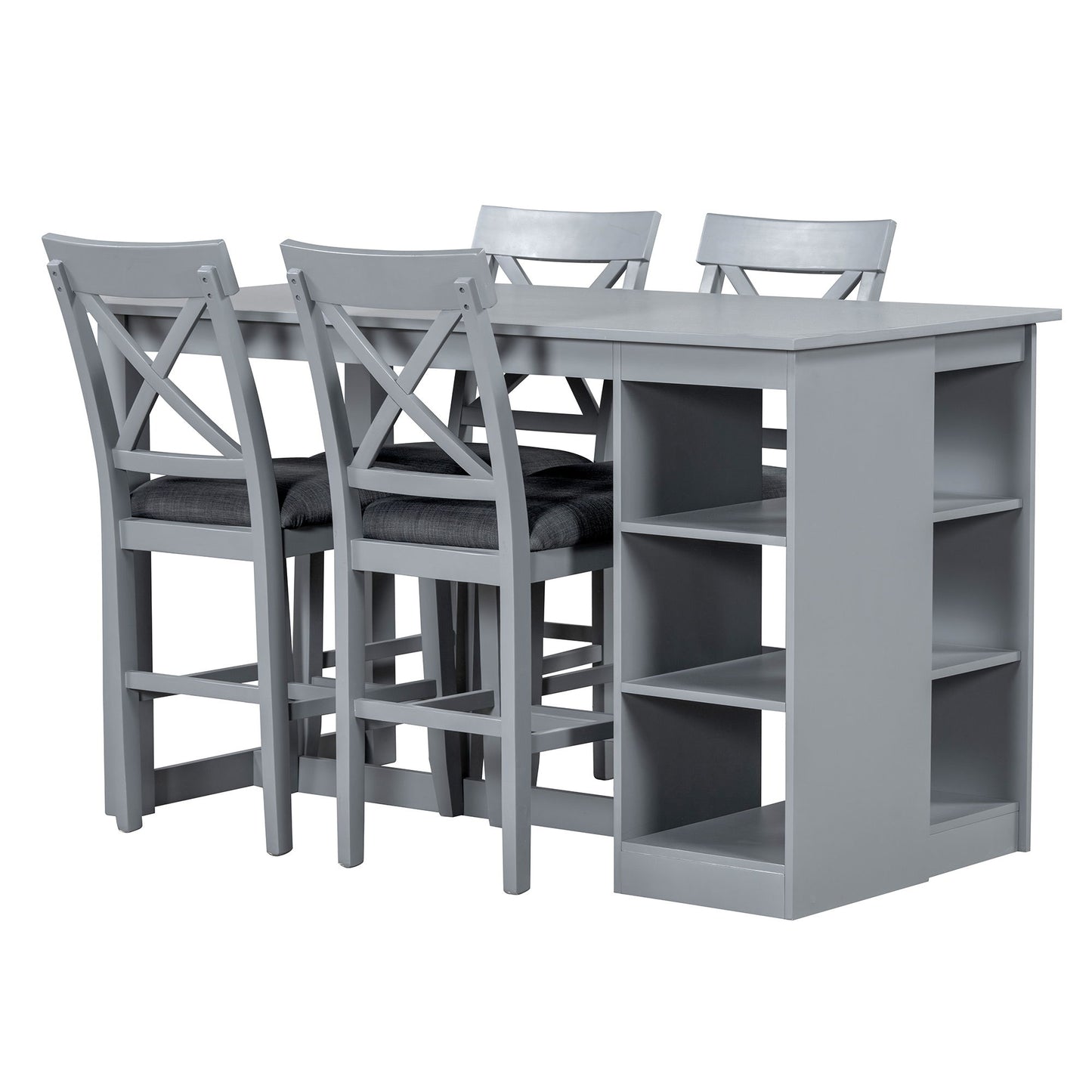Solid Wood Farmhouse Counter Height Dining Table Set With 3 Tier Storage Shelves, Upholstered Dining Chairs For 4, 5 Piece - Gray