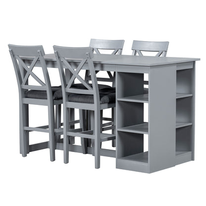 Solid Wood Farmhouse Counter Height Dining Table Set With 3 Tier Storage Shelves, Upholstered Dining Chairs For 4, 5 Piece - Gray