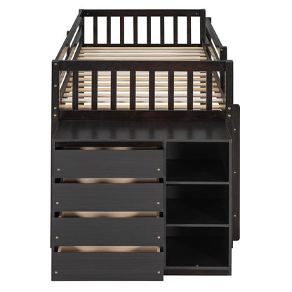 Twin Over Twin Classic Bunk Bed With 4 Drawers And 3 Shelves - Espresso