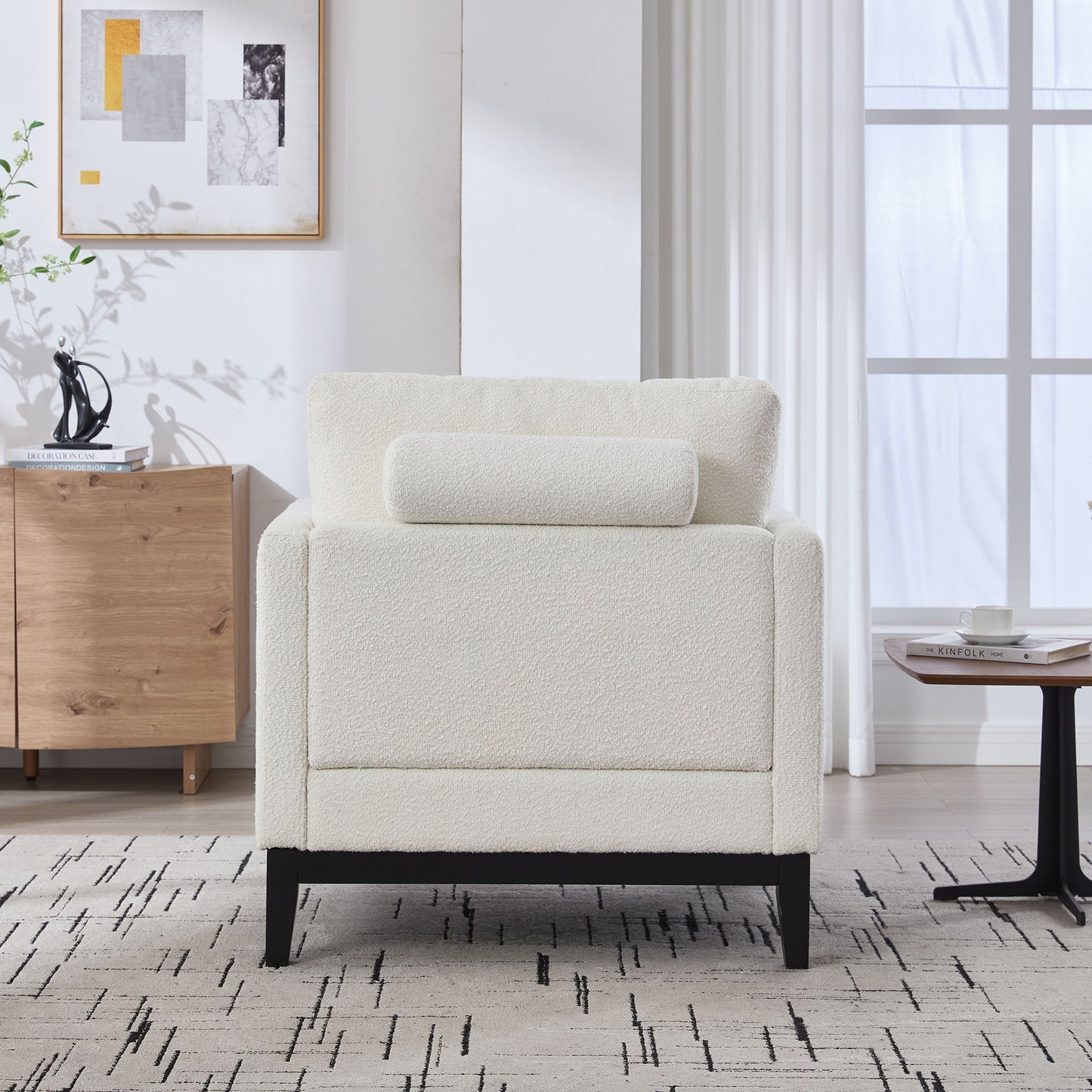 Wide Modern Farmhouse Performance Accent Chair With Black Legs, Wood Base Reading Armchair Single Sofa With 2 Bolster Pillows For Living Room Offices And Lounge - Ivory