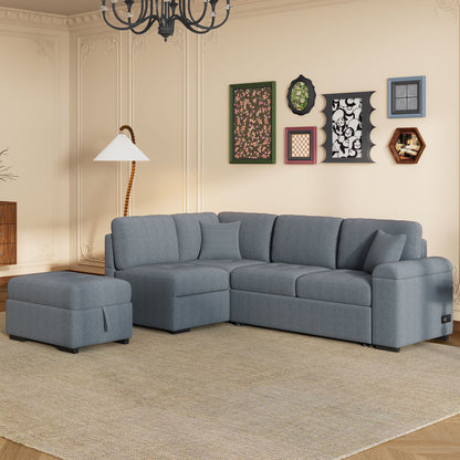 Sleeper Sectional Sofa, L-Shape Corner Couch Sofa - Bed With Storage Ottoman & Hidden Arm Storage & USB Charge For Living Room Apartment - Dark Gray