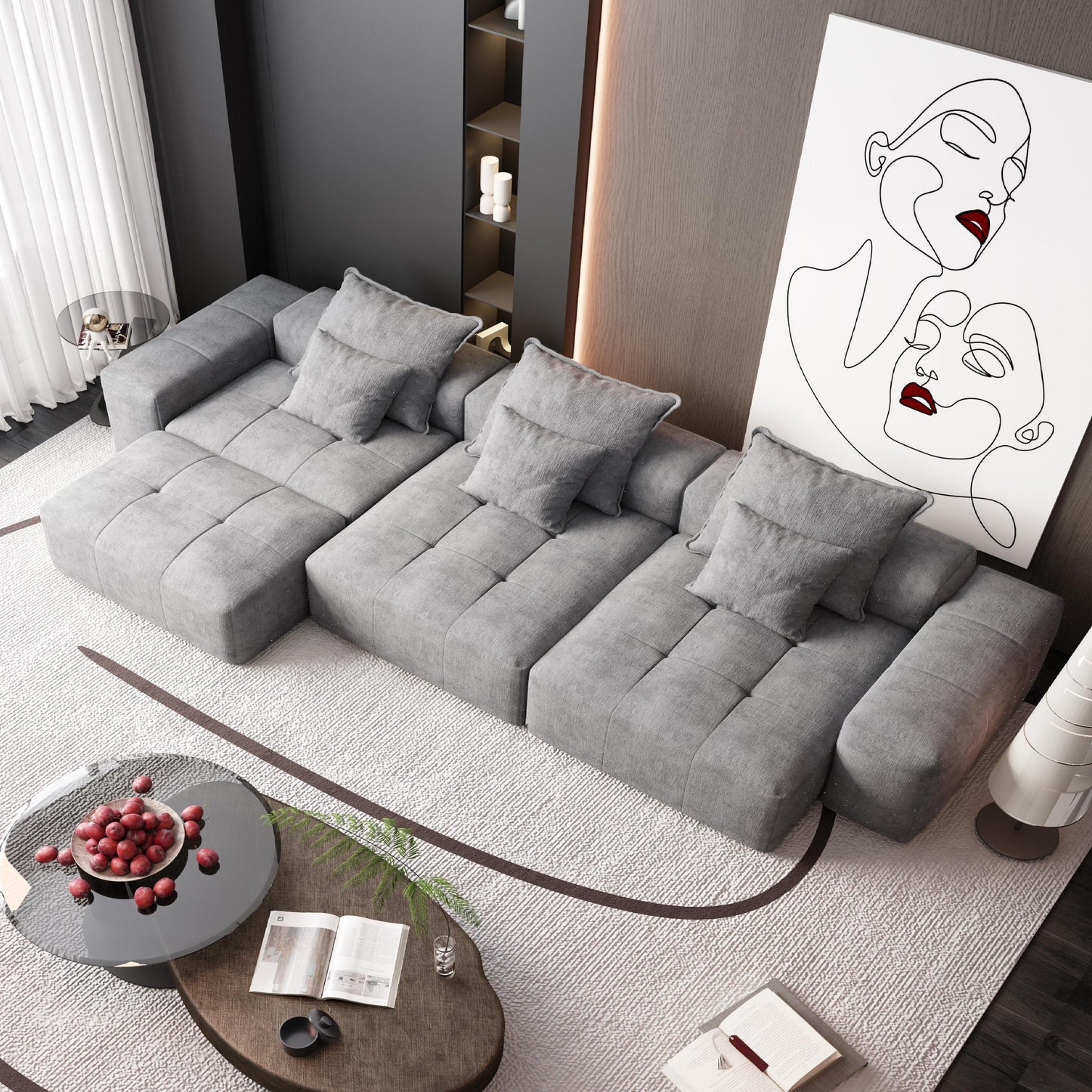 Modern Oversized Modular Sectional Sofa, Sparkling Fabric Soft Cushion Sofa With 6 Pillows, 6 Pieces Diy Combination Tufted Sofa, No Assembly Required - Gray