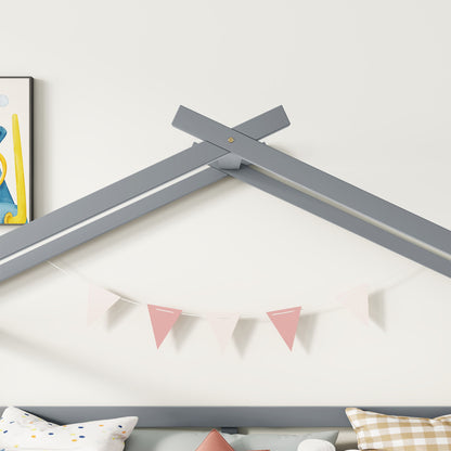 Twin Low Loft House Bed With Slide, Ladder, Safety Guardrails, House Roof Frame - Gray