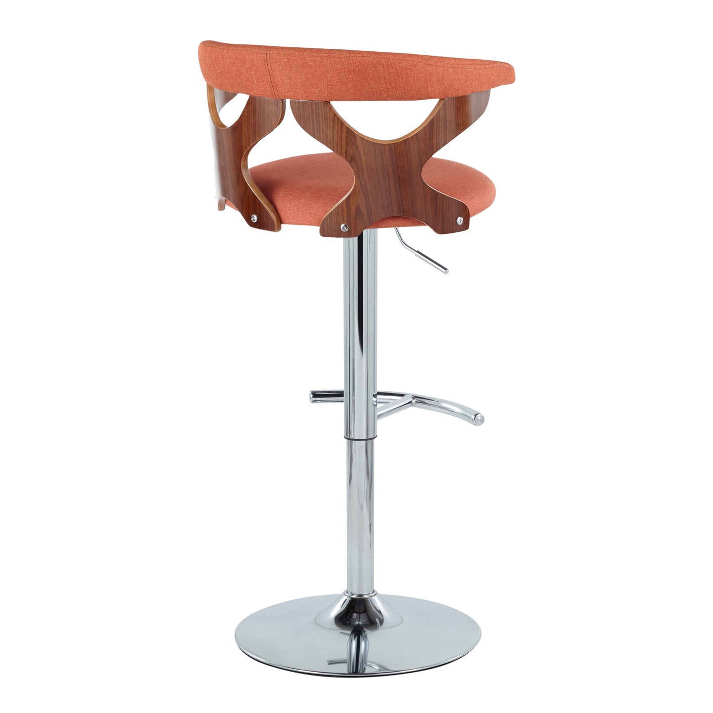 Gardenia - Mid-Century Modern Adjustable Barstool With Swivel With Rounded T Footrest (Set of 3) - Chrome / Walnut / Orange