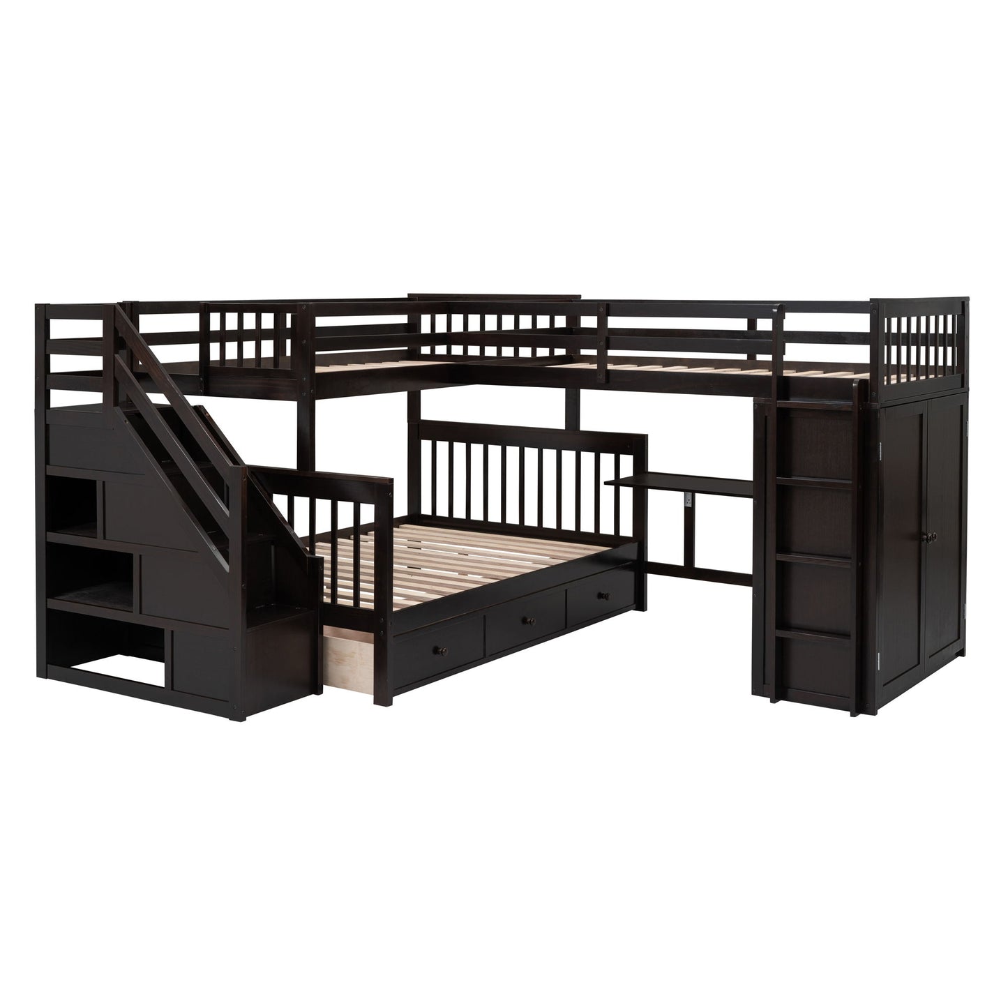 Twin Twin Over Full L Shaped Bunk Bed With 3 Drawers, Portable Desk And Wardrobe - Espresso
