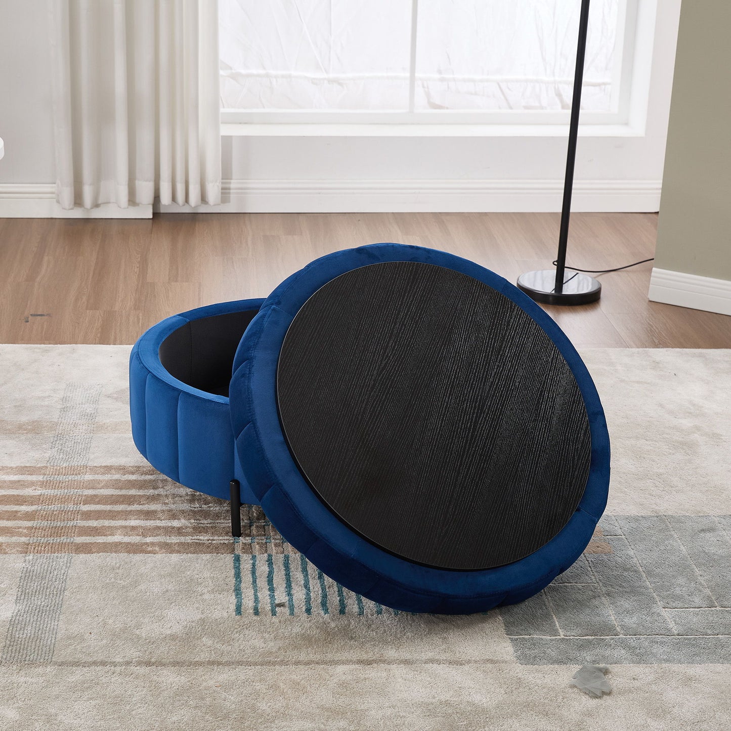 Upholstered Round Ottoman With Reversible Lid, Velvet Storage Stool, Channel Tufted Pumpkin Shape Footstool For Living Room, Bedroom And Office - Navy
