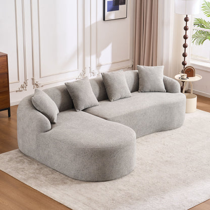 Compression Sofa: Combining Chaise Longue With 3 Seater, Wood Grain Chenille Fabric, Full Sponge Compression Sofa, Combined Sofa With 4 Pillows For Living / Home Furniture / Apartment - Gray