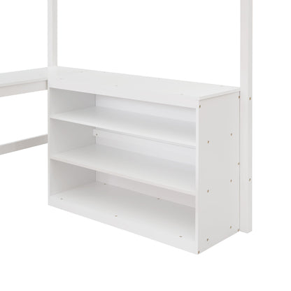 Full Size Loft Bed With Shelves With Desk - White