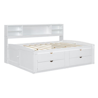 Full Size Daybed With 2 Bedside Cabinets, Upper Shelves And 4 Drawers - White