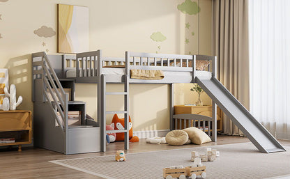 Twin Size Loft Stairway Bed With 2 Drawers And Slide - Gray